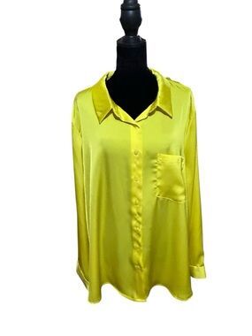 Skies Are Blue Plus 2XL Lemon Satin Button-Down Blouse NWOT